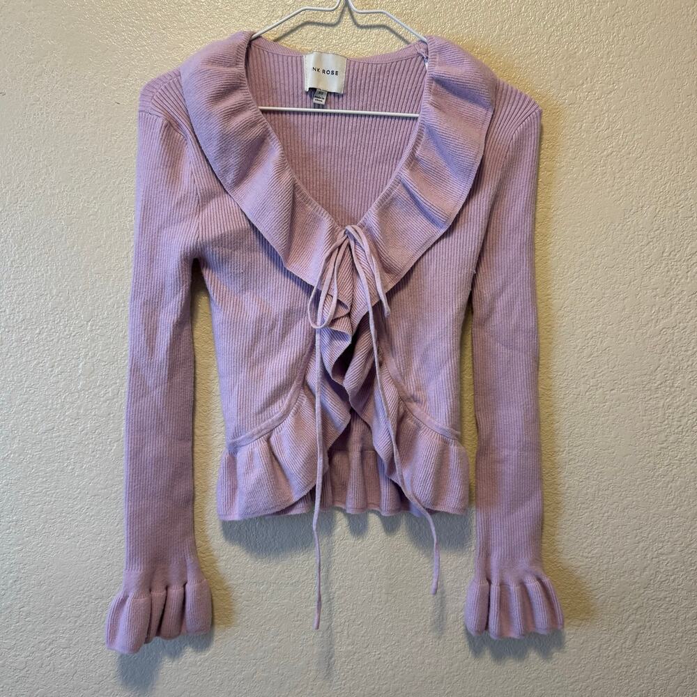 Lavender Ruffle Tie Front Ribbed Knit Cardigan Top XS